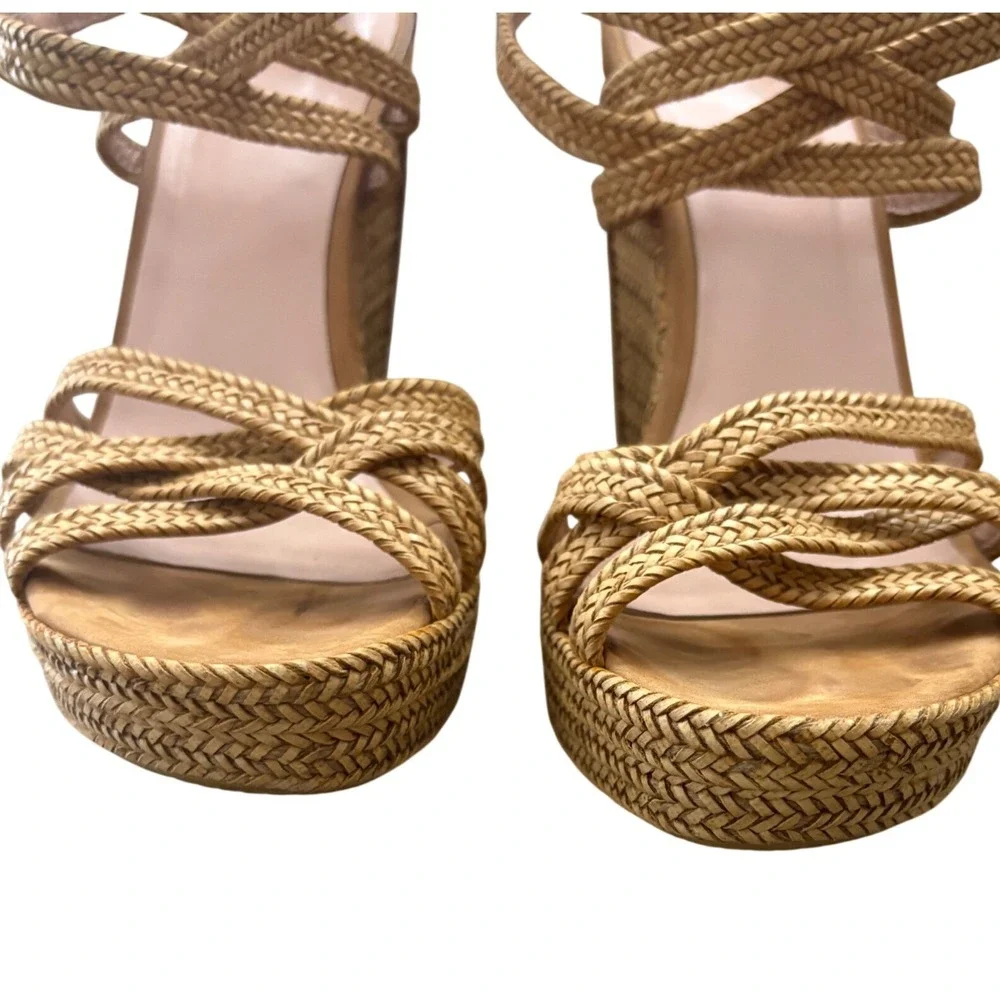 Stuart Weitzman Reins Wedge Sandals Womens Size 8 Tan Braided Leather Heels